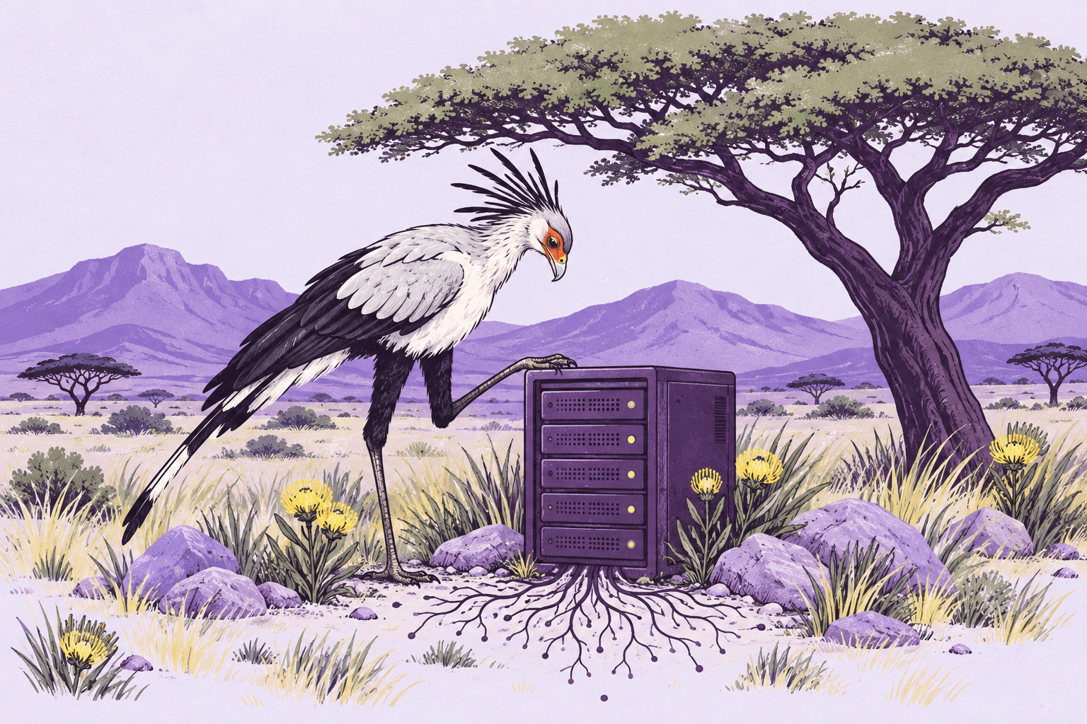 A secretary bird looking after a server beneath an acacia tree, with roots growing into South African soil.