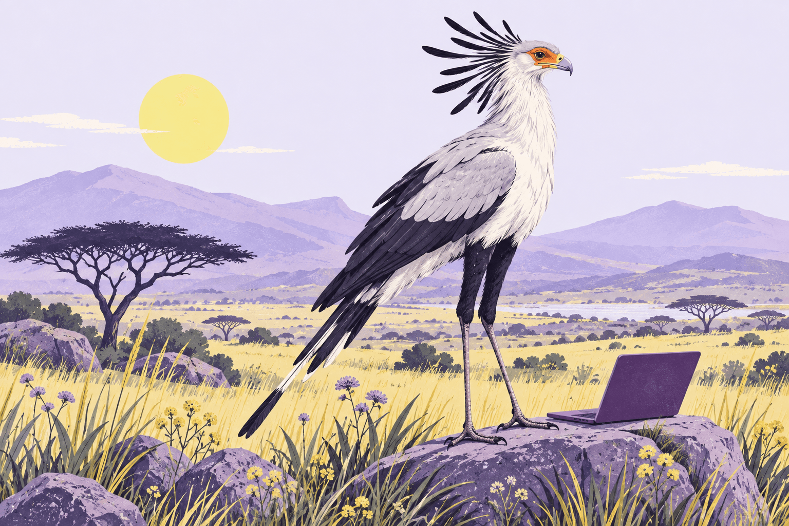 Gitza’s secretary bird mascot beside a laptop in a lavender and golden South African grassland.